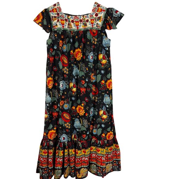 Peggy Lou 1970’s Vintage Black Floral Printed Midi Dress Women’s SZ 6 (US) Boho - Picture 1 of 12